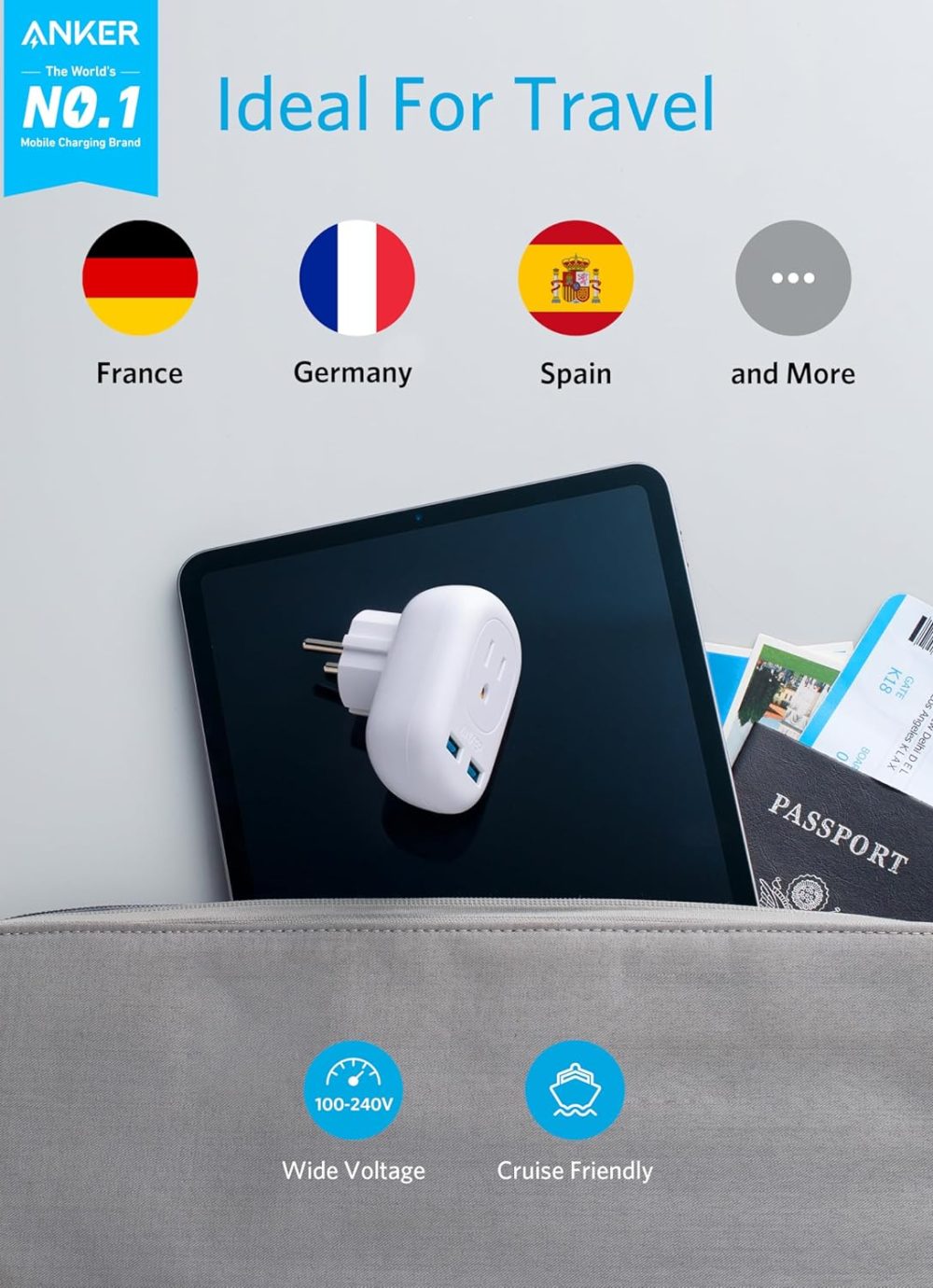 Anker European Travel, PowerExtend USB Plug International Power Adapter with 2 USB Ports and 1 Outlet, US to Most of Europe EU Spain Iceland Italy France Germany, Compact for Travel, Office - Image 2