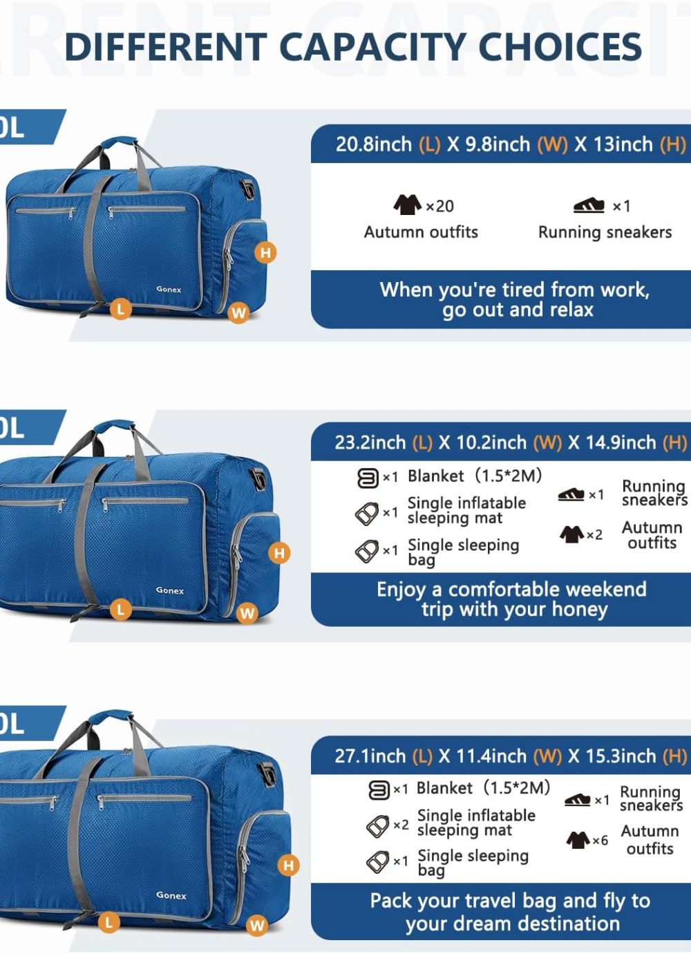 40L 60L 80L 100L 150L Large Foldable Travel Duffle Bag with Shoes Compartment, Packable Lightweight Water Repellent Duffel Bag for Camping Gym Weekender Bag - Image 2