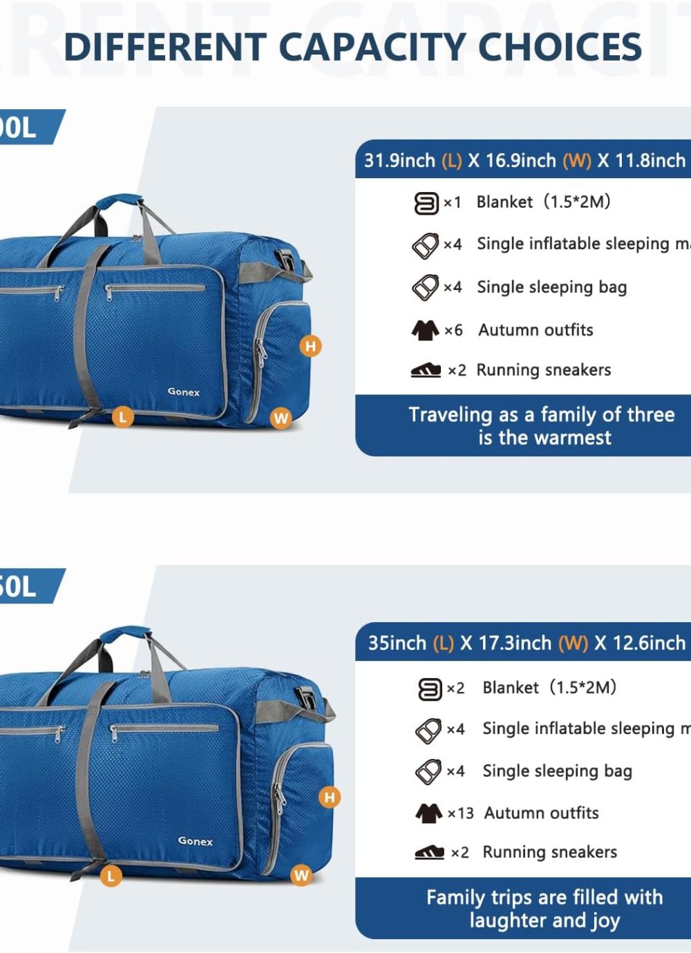 40L 60L 80L 100L 150L Large Foldable Travel Duffle Bag with Shoes Compartment, Packable Lightweight Water Repellent Duffel Bag for Camping Gym Weekender Bag - Image 3