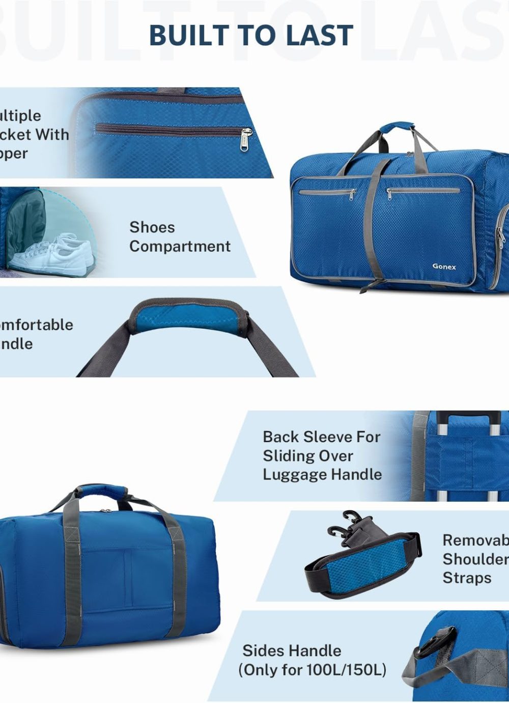 40L 60L 80L 100L 150L Large Foldable Travel Duffle Bag with Shoes Compartment, Packable Lightweight Water Repellent Duffel Bag for Camping Gym Weekender Bag - Image 5