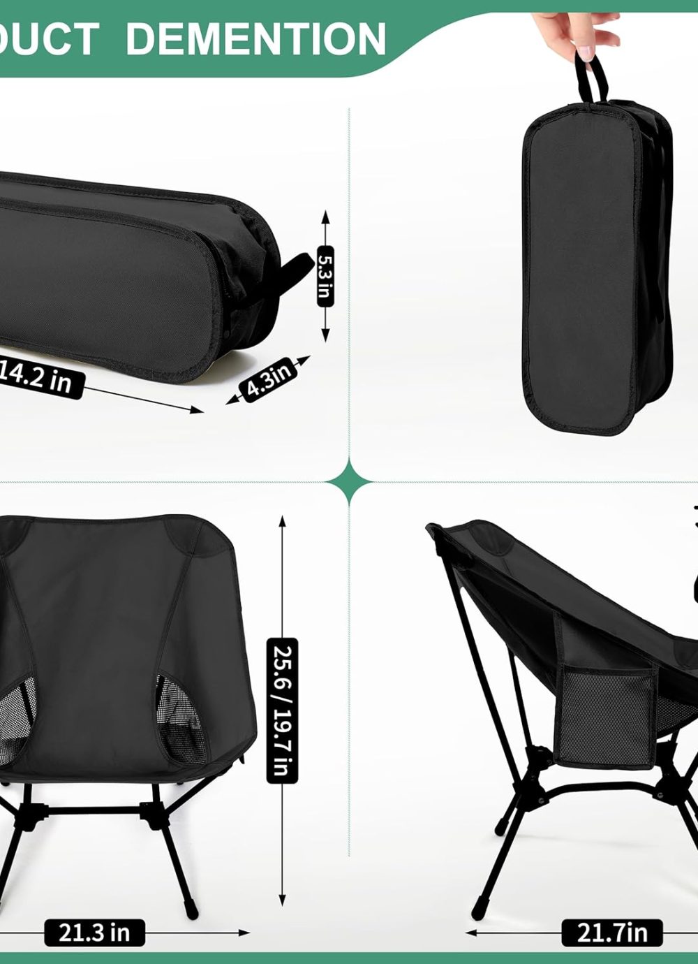 Lightweight Camping Chairs with Adjustable Height, Portable Camping Chairs for Adults with Carry Bag and Side Pockets, Folding Chairs for Outside for Camping, Beach, Fishing, Trip, Picnic (Black) - Image 3