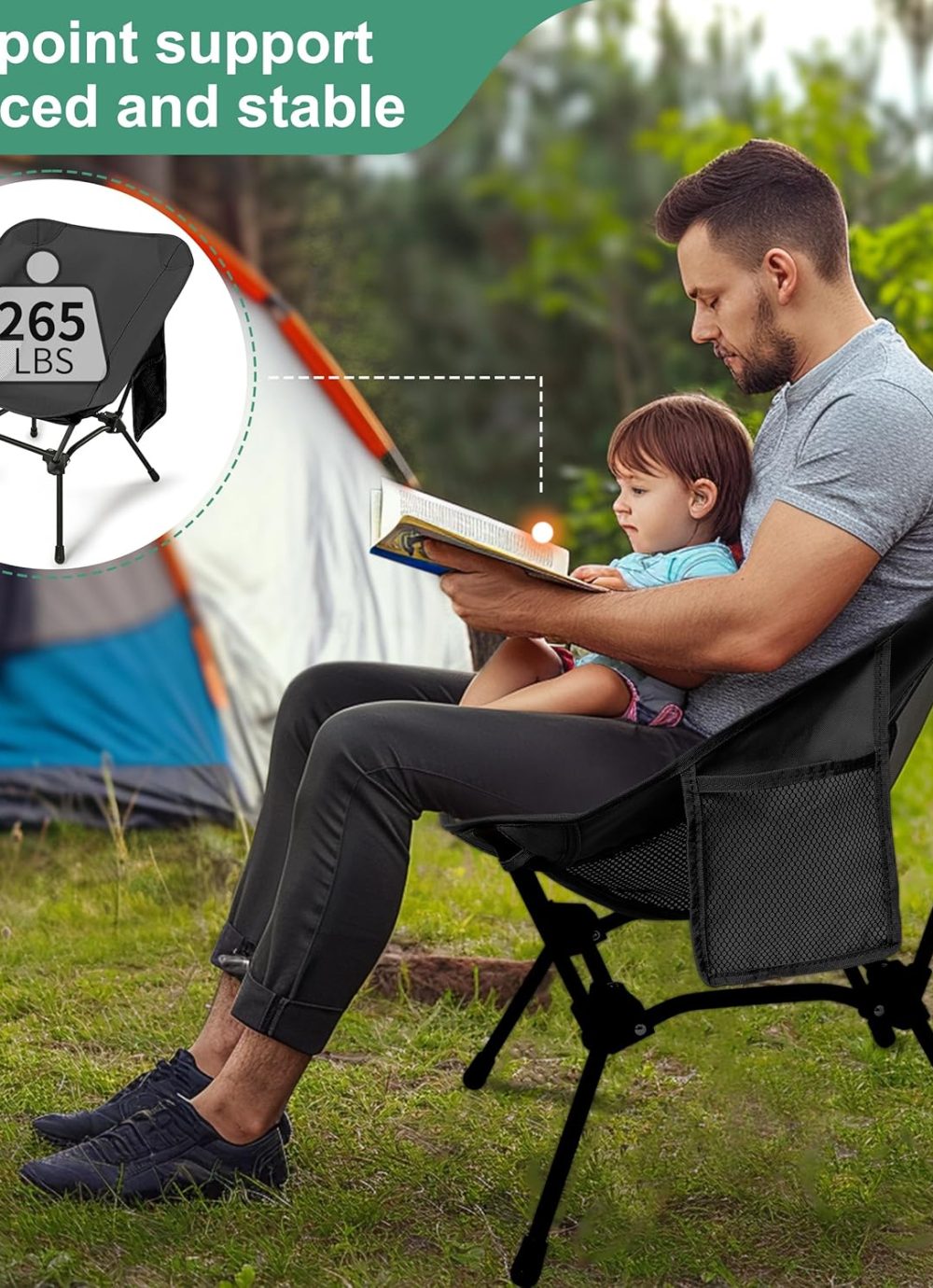 Lightweight Camping Chairs with Adjustable Height, Portable Camping Chairs for Adults with Carry Bag and Side Pockets, Folding Chairs for Outside for Camping, Beach, Fishing, Trip, Picnic (Black) - Image 5