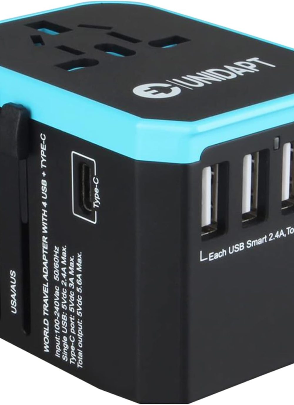 Unidapt Universal Travel Adapter, European Travel Plug Adapter - International Power Adapter Worldwide Charger with USB-C & 4 USB Ports, Travel Essentials for Italy, Japan, Europe, UK (UA-101, Blue)