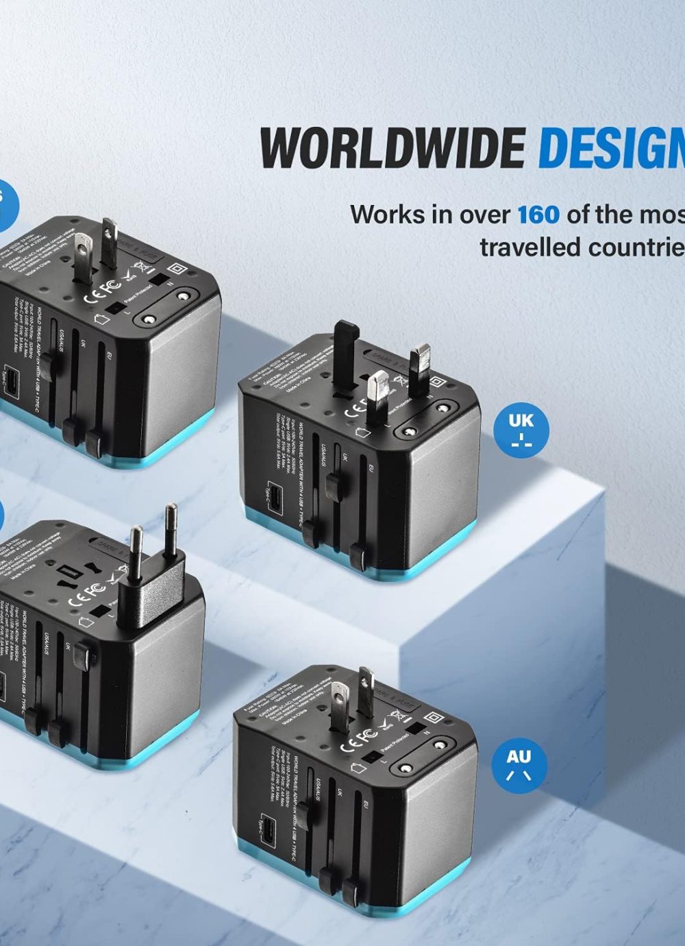 Unidapt Universal Travel Adapter, European Travel Plug Adapter - International Power Adapter Worldwide Charger with USB-C & 4 USB Ports, Travel Essentials for Italy, Japan, Europe, UK (UA-101, Blue) - Image 4