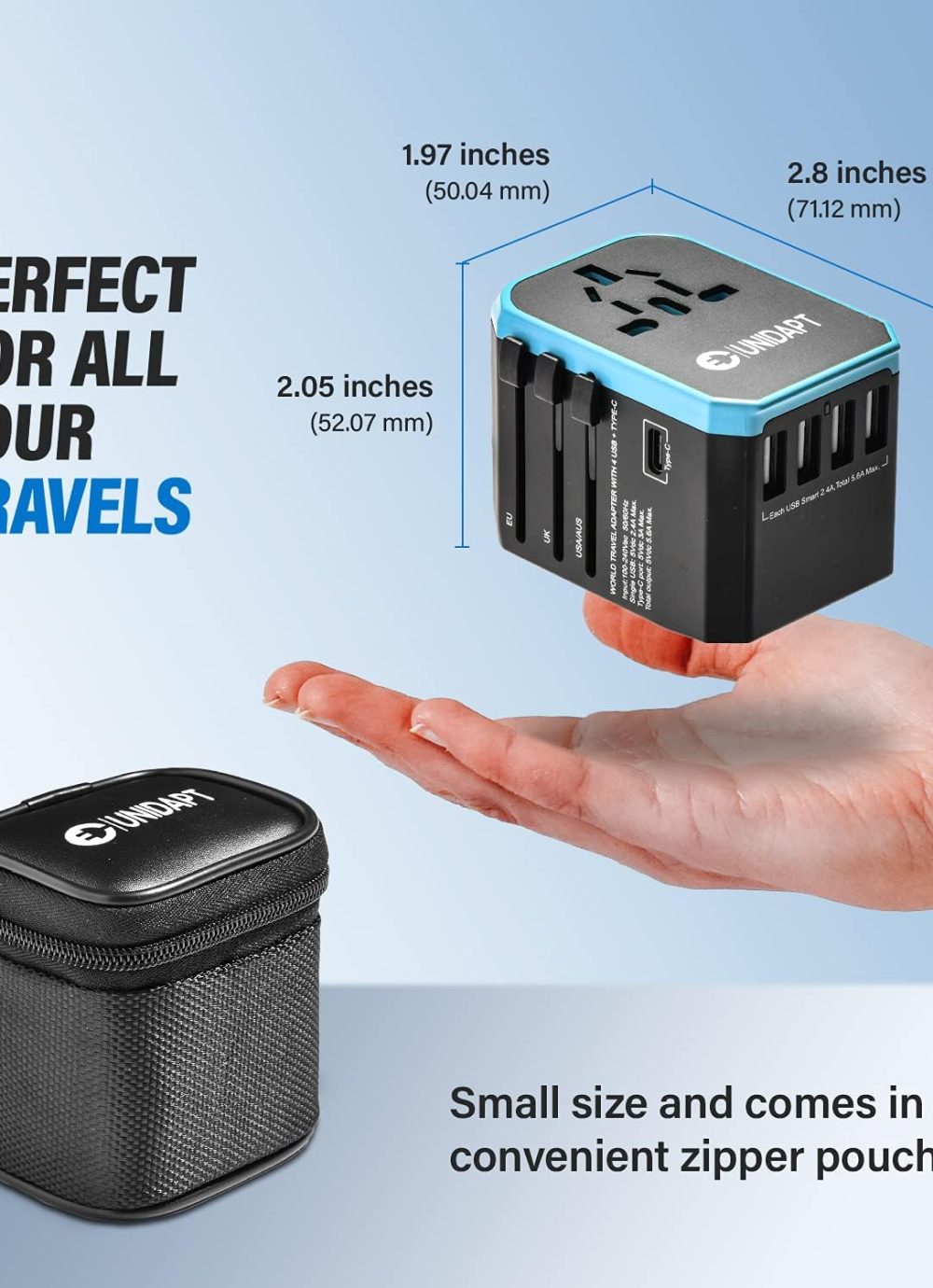 Unidapt Universal Travel Adapter, European Travel Plug Adapter - International Power Adapter Worldwide Charger with USB-C & 4 USB Ports, Travel Essentials for Italy, Japan, Europe, UK (UA-101, Blue) - Image 6