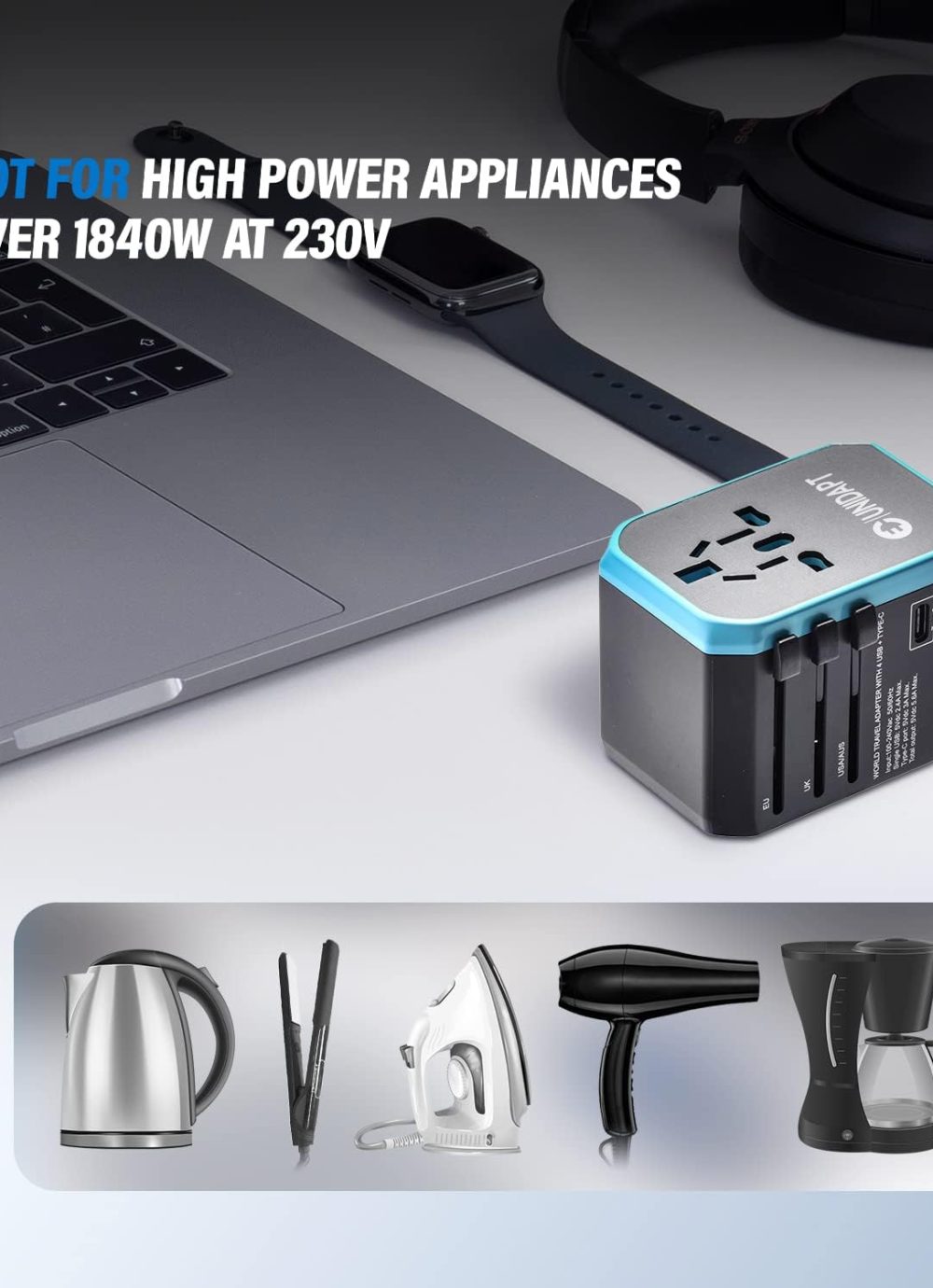 Unidapt Universal Travel Adapter, European Travel Plug Adapter - International Power Adapter Worldwide Charger with USB-C & 4 USB Ports, Travel Essentials for Italy, Japan, Europe, UK (UA-101, Blue) - Image 7
